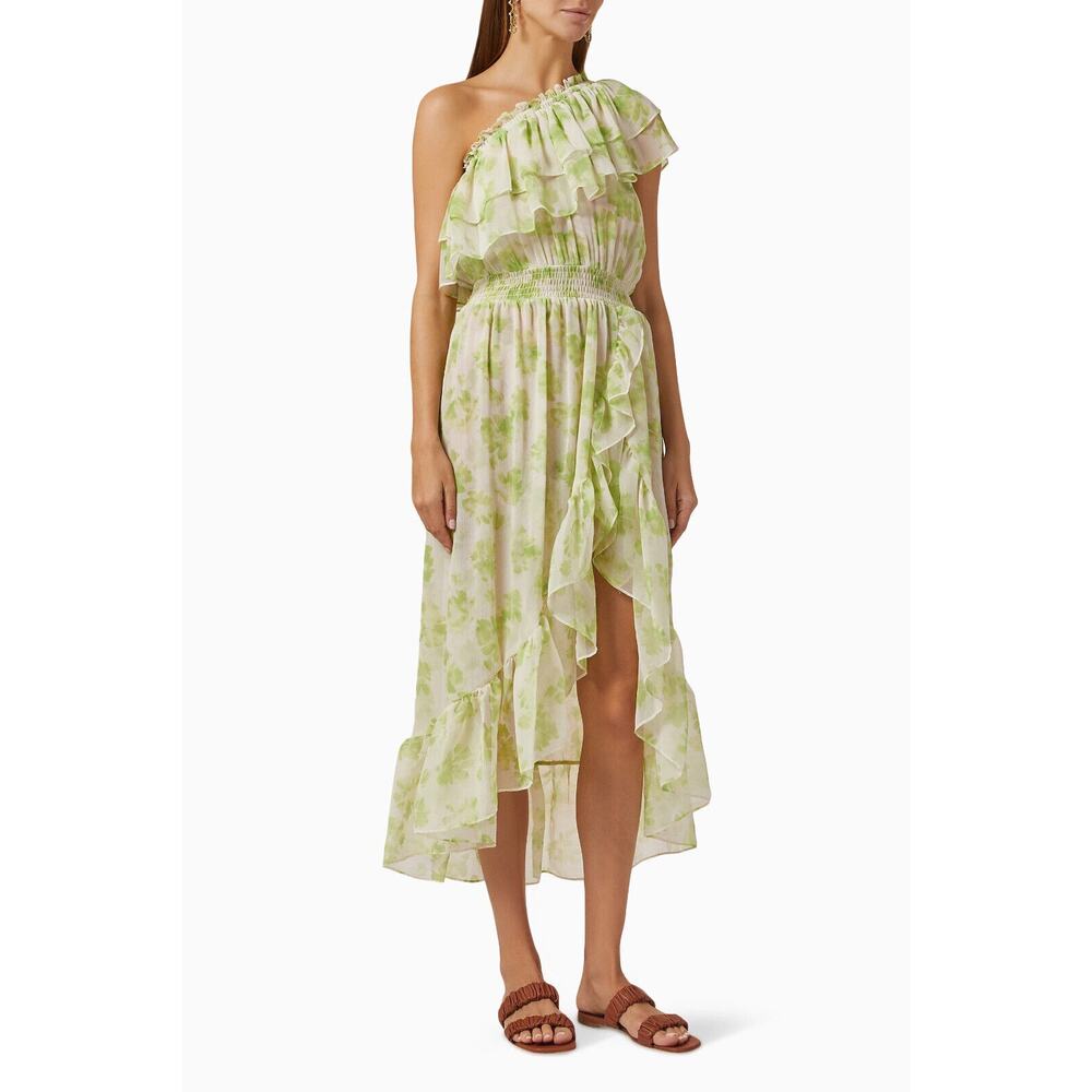 MISA Los Angeles LA Women's Midi Dress Rumi Blossom Printed Chiffon One Shoulder